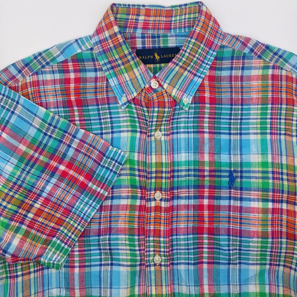 Ralph Lauren 100% Linen Plaid Shirt Men's Med. Multi-Color Short Sleeve Coastal